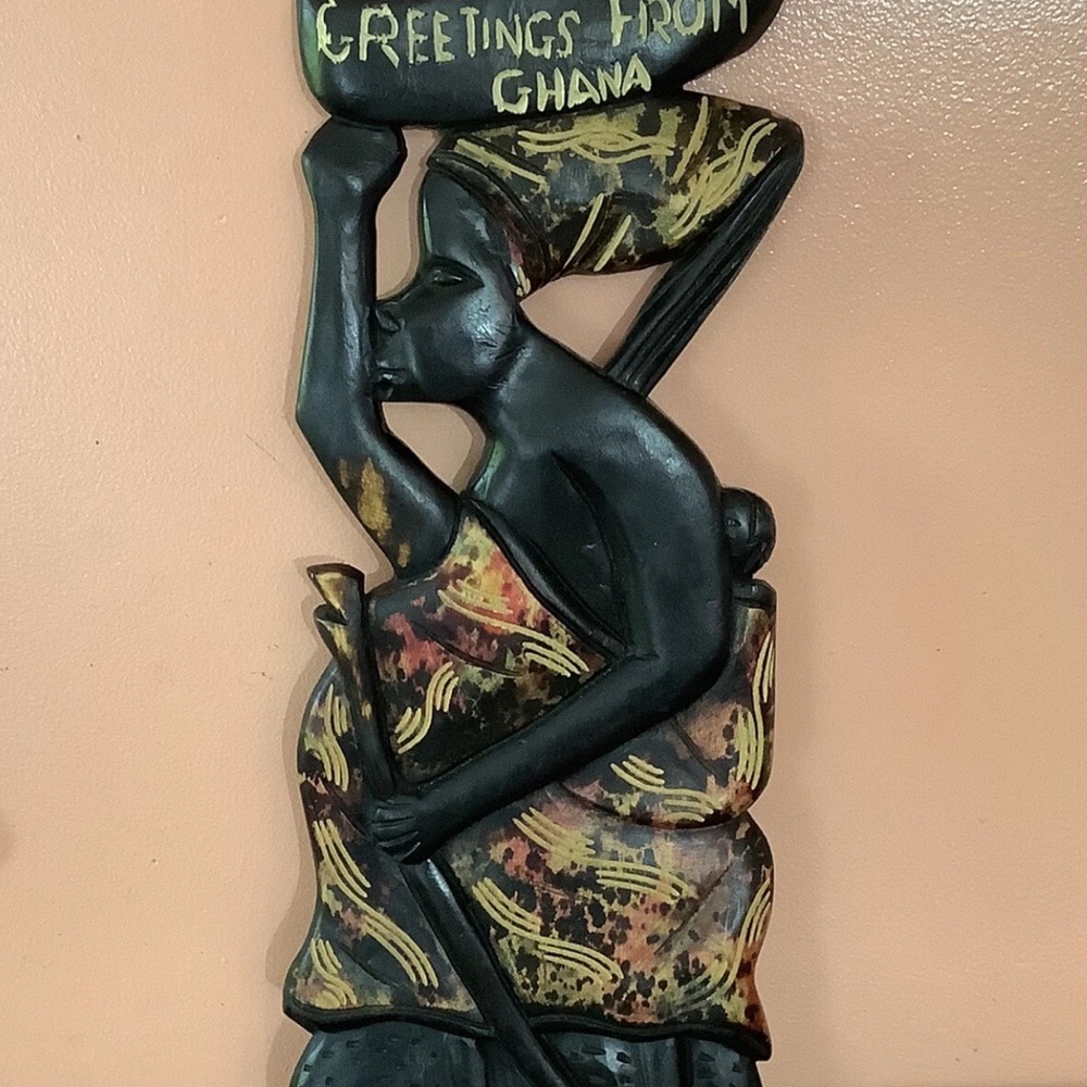 Greetings. From Ghana Woman Hand Carved Wood Wall Hanged Art Decor 22” Tall